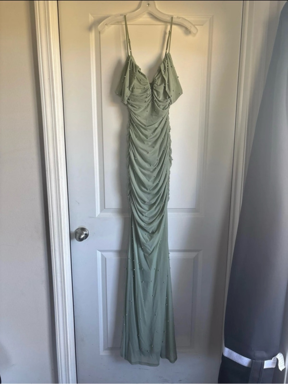 Windsor Sage Green Beaded Ruched Maxi Dress
